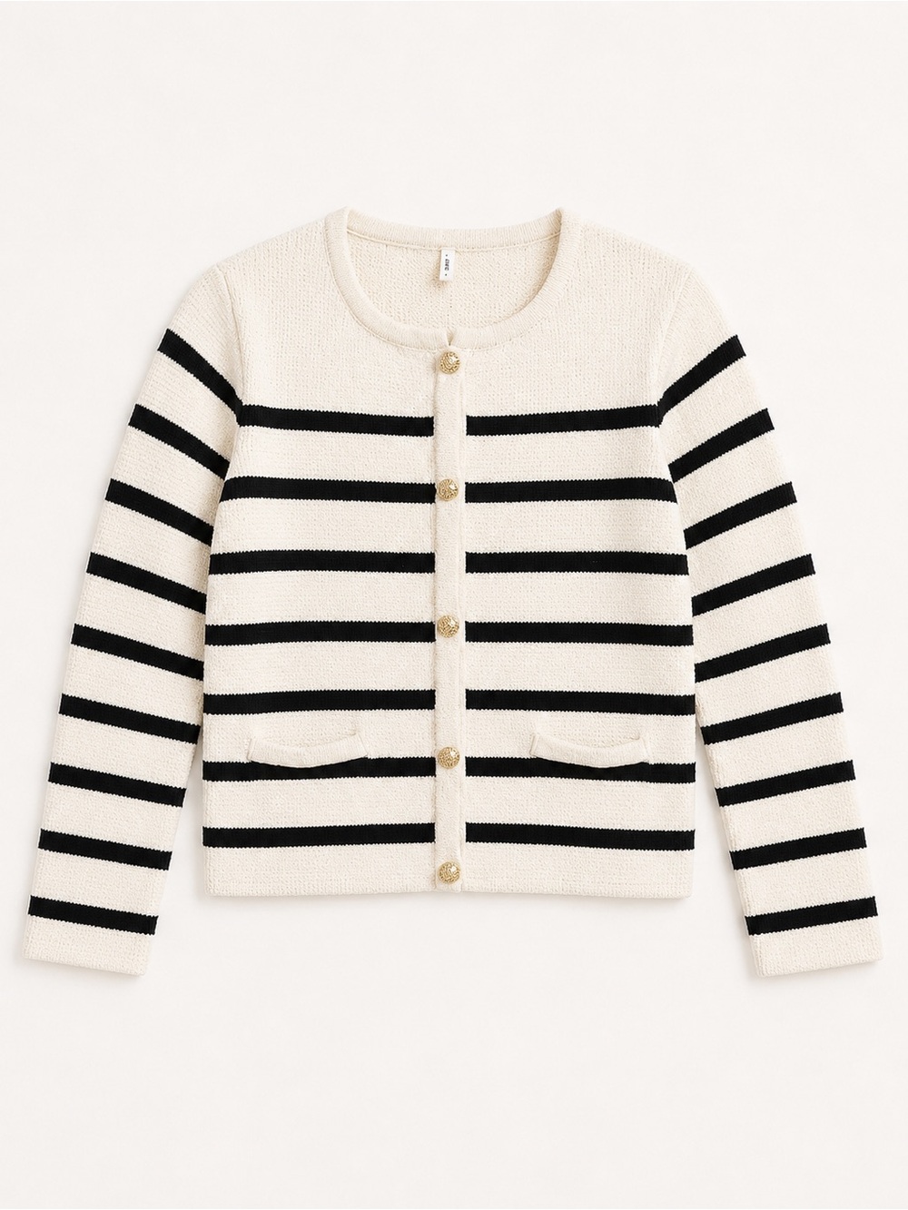 Only Cream & Black Striped Crewneck Cardigan with Gold Buttons